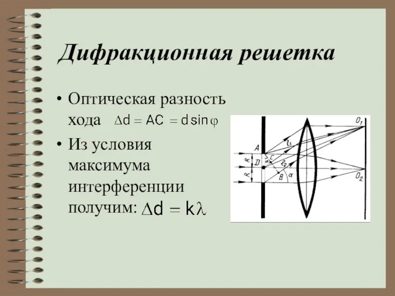 Дифракционная решетка Оптическая разность хода Из условия максимума интерференции получим: