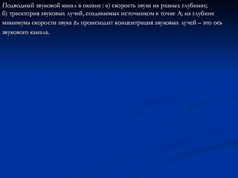 Подводный звуковой канал в океане : а) скорость звука на разных глубинах;