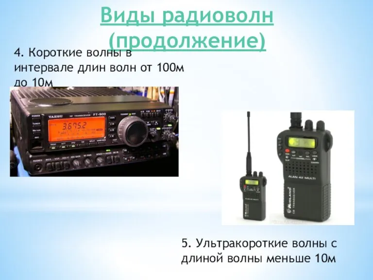 Виды радиоволн (продолжение) 4. Короткие волны в интервале длин волн от 100м