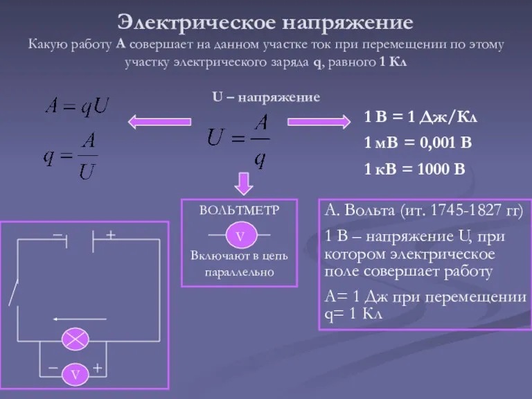 Электрическое напряжение Какую работу А совершает на данном участке ток при перемещении