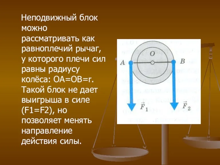 Неподвижный блок можно рассматривать как равноплечий рычаг, у которого плечи сил равны