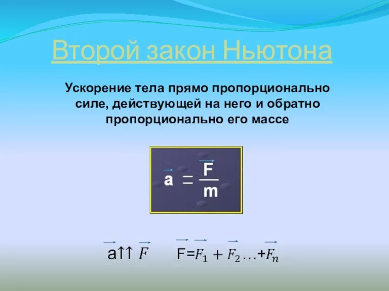 Второй закон Ньютона Ускорение тела прямо пропорционально силе, действующей на него и обратно пропорционально его массе