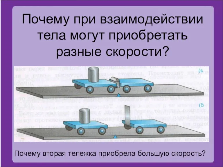 Почему при взаимодействии тела могут приобретать разные скорости? Почему вторая тележка приобрела большую скорость?