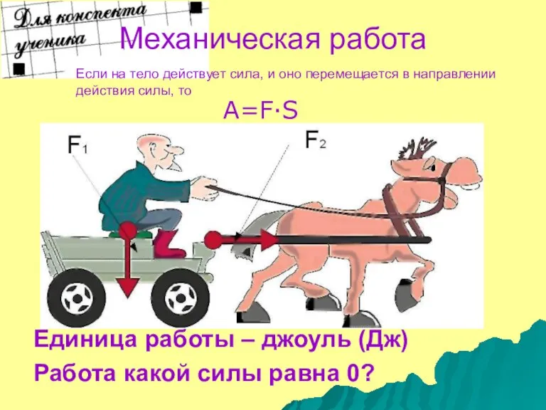 Механическая работа A=F·S Единица работы – джоуль (Дж) Работа какой силы равна