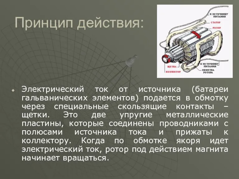 Принцип действия: Электрический ток от источника (батареи гальванических элементов) подается в обмотку