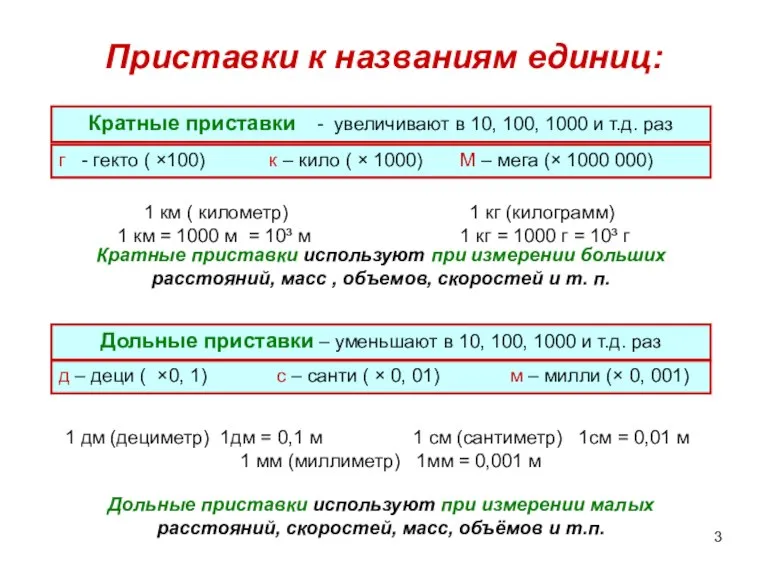 Приставки к названиям единиц: Кратные приставки - увеличивают в 10, 100, 1000