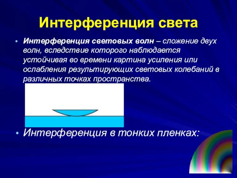 Интерференция света Интерференция световых волн – сложение двух волн, вследствие которого наблюдается