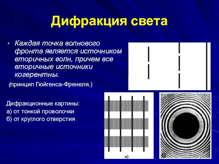 Дифракция света Каждая точка волнового фронта является источником вторичных волн, причем все