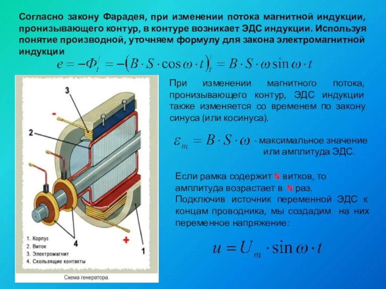 Согласно закону Фарадея, при изменении потока магнитной индукции, пронизывающего контур, в контуре