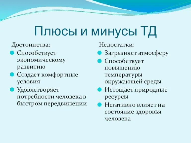 Плюсы и минусы ТД Достоинства: Способствует экономическому развитию Создает комфортные условия Удовлетворяет