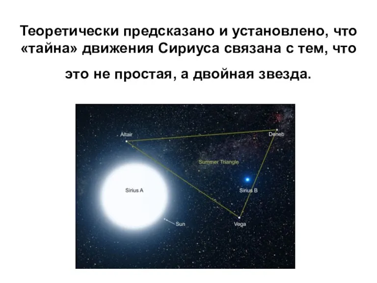 Теоретически предсказано и установлено, что «тайна» движения Сириуса связана с тем, что