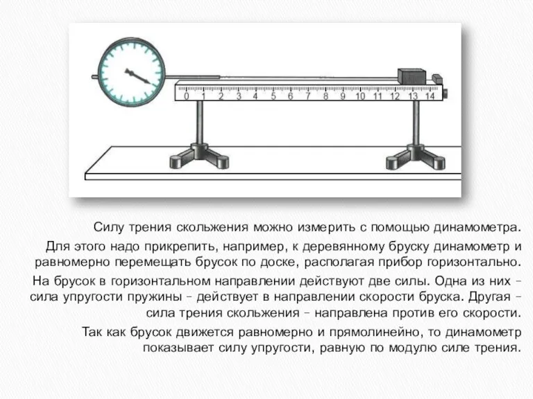 Силу трения скольжения можно измерить с помощью динамометра. Для этого надо прикрепить,