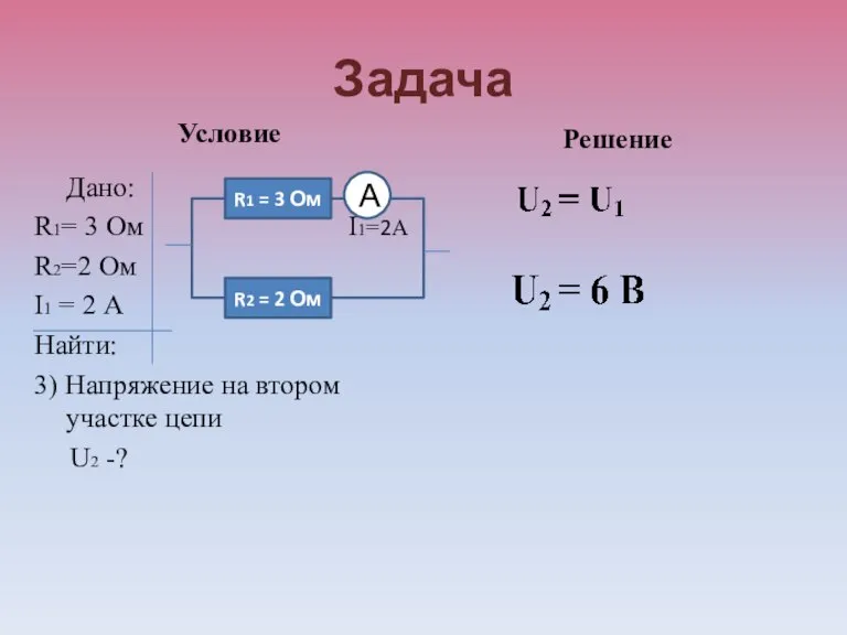 Задача Условие Дано: R1= 3 Ом I1=2А R2=2 Ом I1 = 2