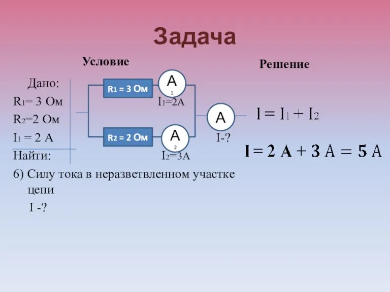 Задача Условие Дано: R1= 3 Ом I1=2А R2=2 Ом I1 = 2