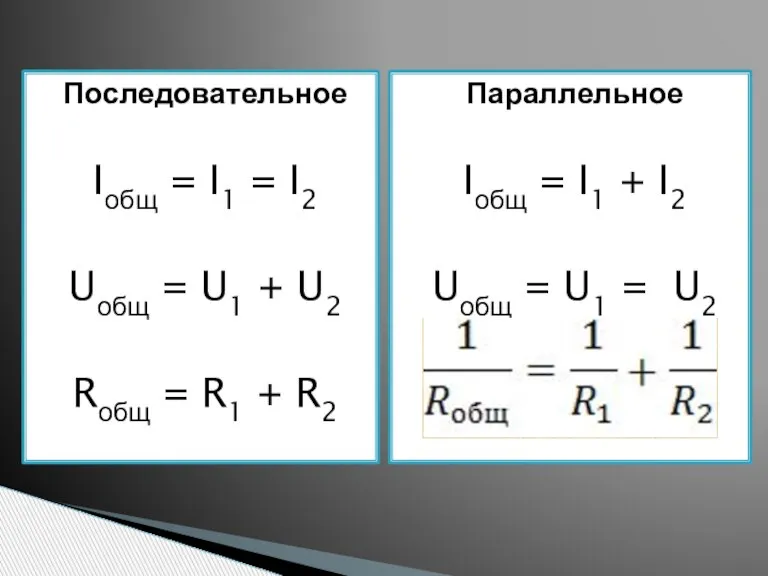 Последовательное Iобщ = I1 = I2 Uобщ = U1 + U2 Rобщ