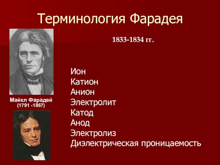 Терминология Фарадея Майкл Фарадей (1791 -1867) Ион Катион Анион Электролит Катод Анод