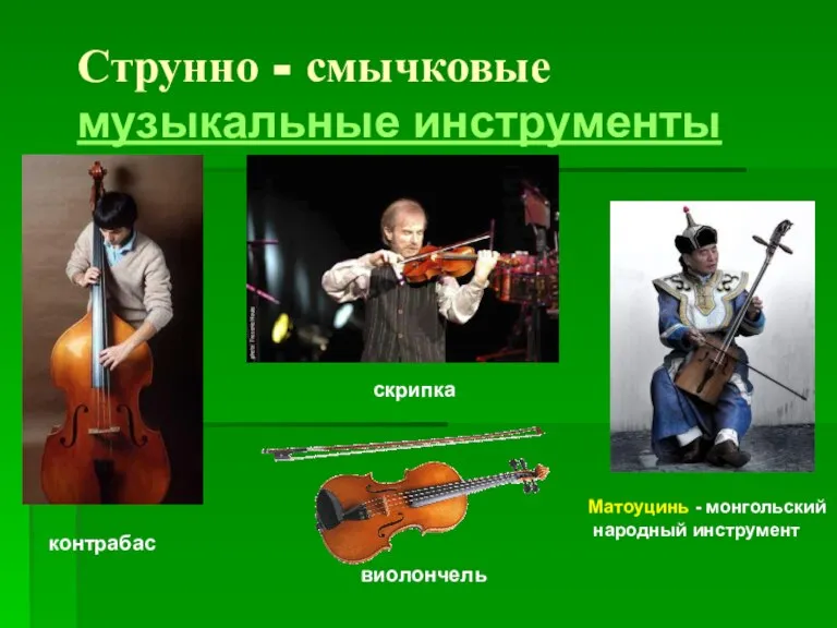 Струнно - смычковые музыкальные инструменты скрипка виолончель Матоуцинь - монгольский народный инструмент контрабас