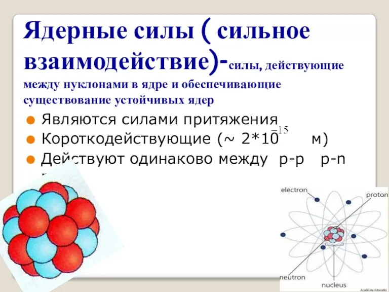 Ядерные силы ( сильное взаимодействие)-силы, действующие между нуклонами в ядре и обеспечивающие