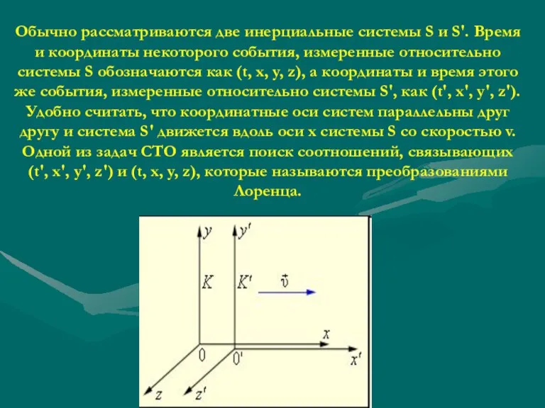 Обычно рассматриваются две инерциальные системы S и S'. Время и координаты некоторого