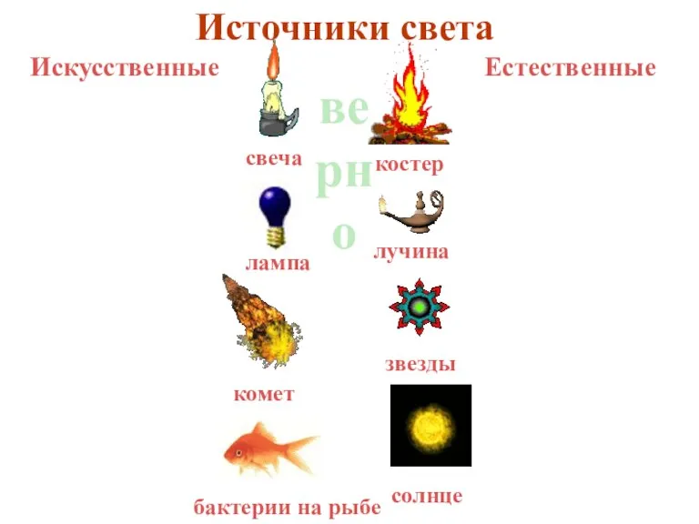 Искусственные Естественные Источники света верно