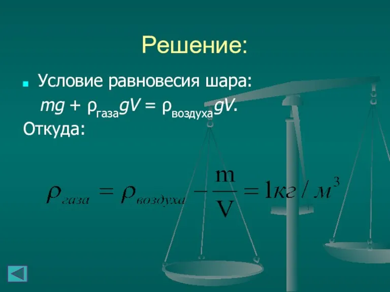 Решение: Условие равновесия шара: mg + ρгазаgV = ρвоздухаgV. Откуда: