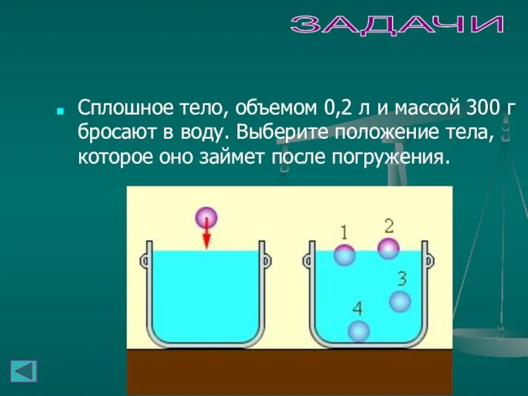 ЗАДАЧИ Сплошное тело, объемом 0,2 л и массой 300 г бросают в