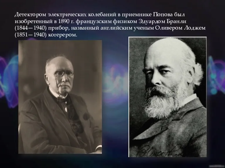 Детектором электрических колебаний в приемнике Попова был изобретенный в 1890 г. французским