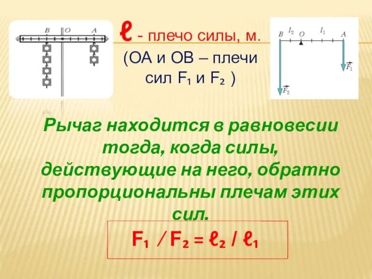 ℓ - плечо силы, м. (ОА и ОВ – плечи сил F₁