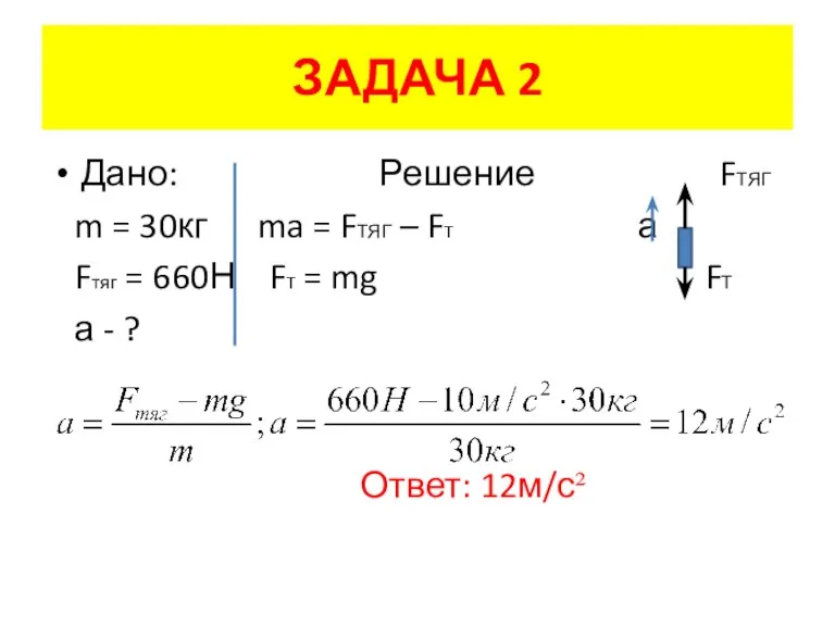 ЗАДАЧА 2 Дано: Решение FТЯГ m = 30кг ma = FТЯГ –