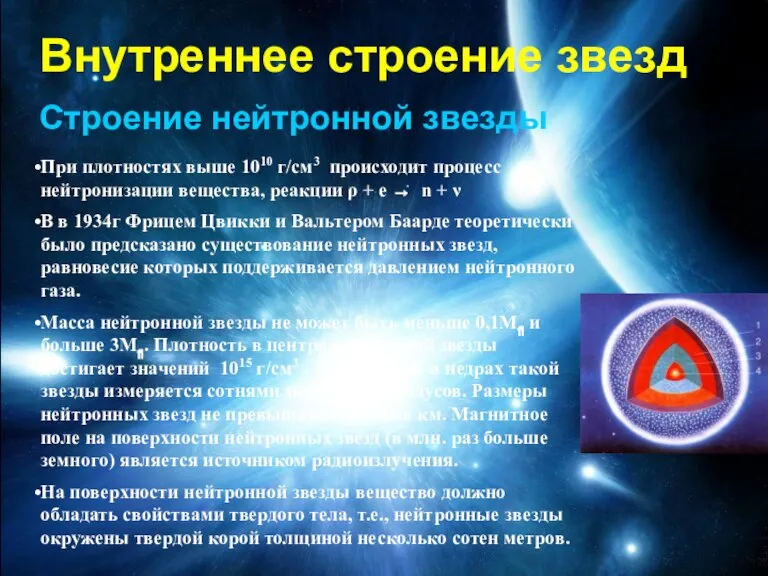 Внутреннее строение звезд Строение нейтронной звезды При плотностях выше 1010 г/см3 происходит