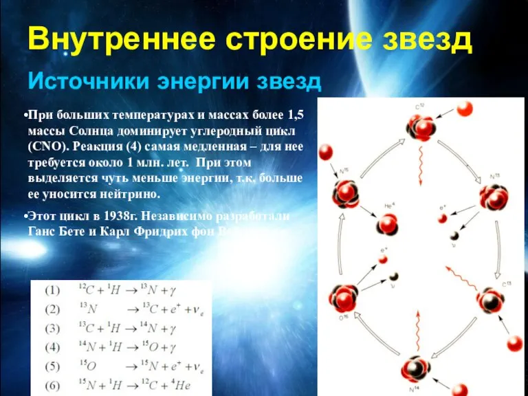 Внутреннее строение звезд Источники энергии звезд При больших температурах и массах более