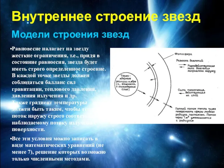 Внутреннее строение звезд Модели строения звезд Равновесие налагает на звезду жесткие ограничения,