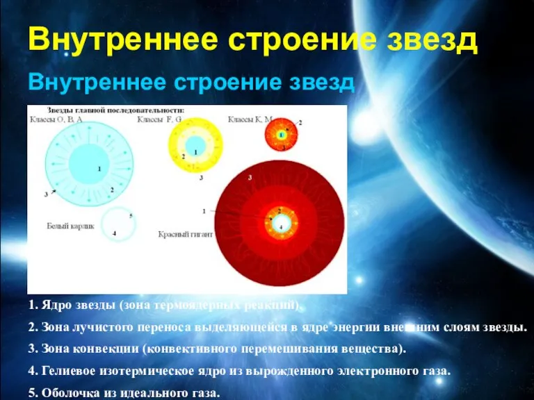 Внутреннее строение звезд Внутреннее строение звезд 1. Ядро звезды (зона термоядерных реакций).