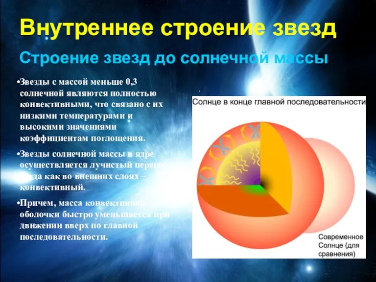 Внутреннее строение звезд Строение звезд до солнечной массы Звезды с массой меньше