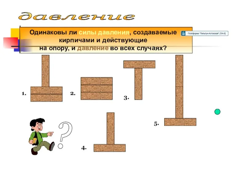 давление Одинаковы ли силы давления, создаваемые кирпичами и действующие на опору, и