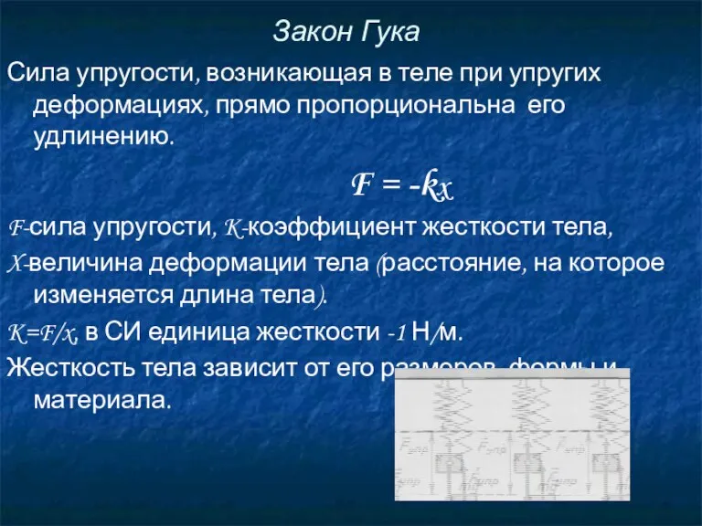 Закон Гука Сила упругости, возникающая в теле при упругих деформациях, прямо пропорциональна