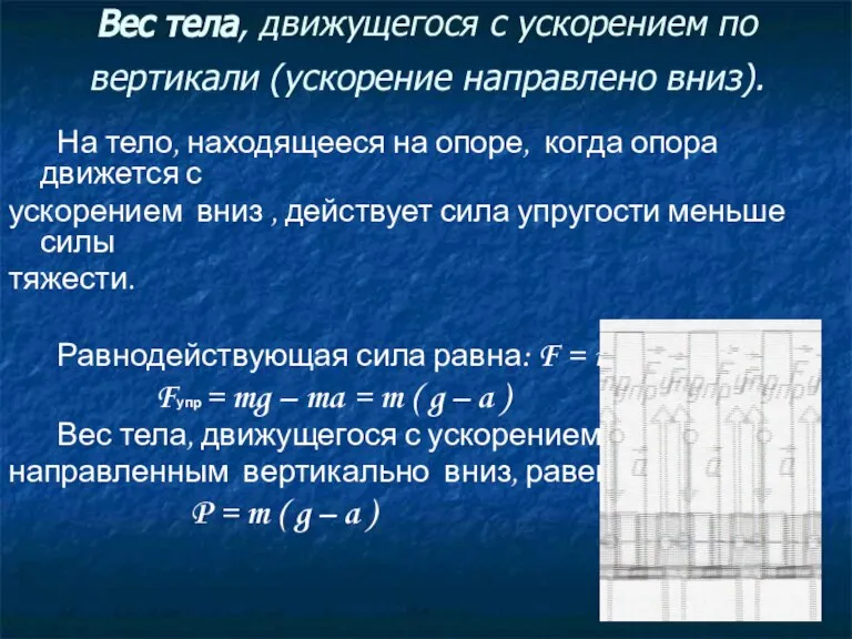 Вес тела, движущегося с ускорением по вертикали (ускорение направлено вниз). На тело,