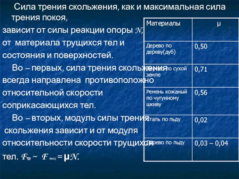 Сила трения скольжения, как и максимальная сила трения покоя, зависит от силы