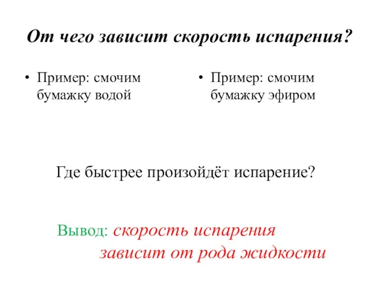 От чего зависит скорость испарения? Пример: смочим бумажку водой Пример: смочим бумажку