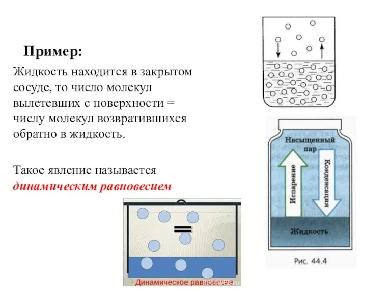 Пример: Жидкость находится в закрытом сосуде, то число молекул вылетевших с поверхности