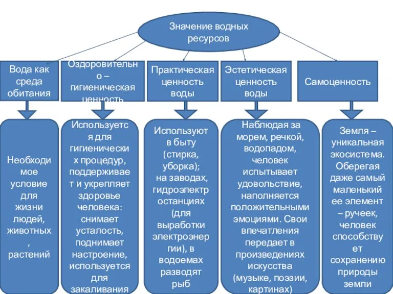 Значение водных ресурсов Вода как среда обитания Оздоровительно – гигиеническая ценность Практическая