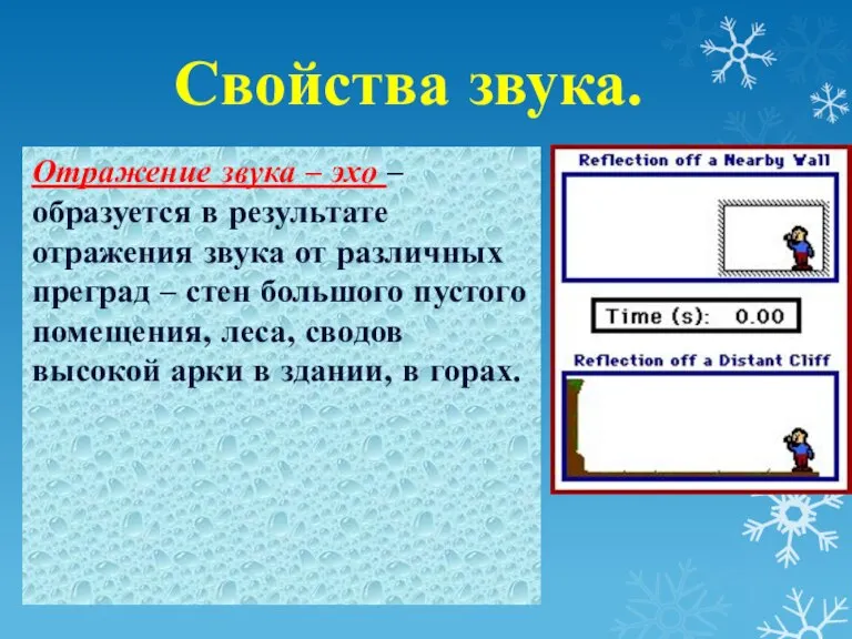 Свойства звука. Отражение звука – эхо – образуется в результате отражения звука