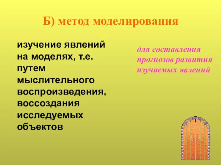 Б) метод моделирования для составления прогнозов развития изучаемых явлений изучение явлений на