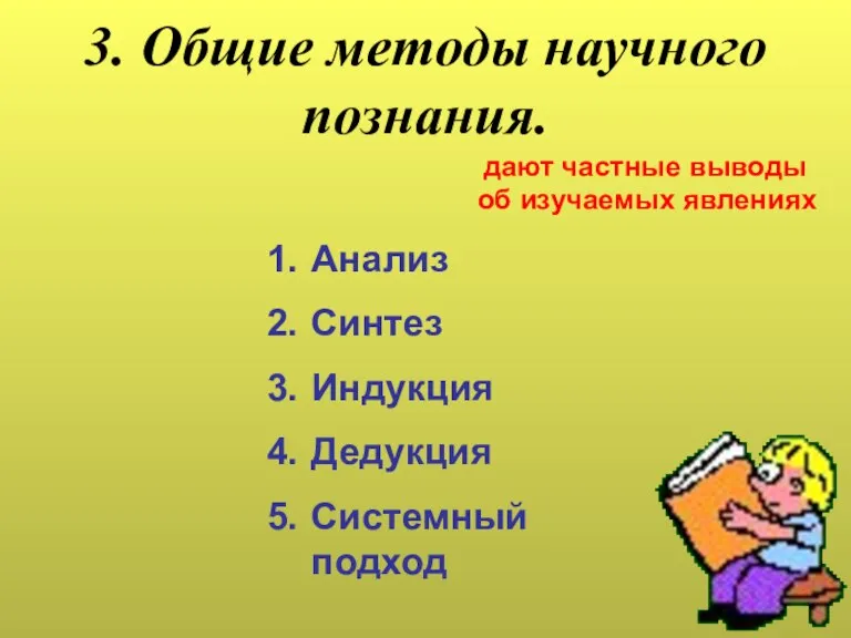 3. Общие методы научного познания. дают частные выводы об изучаемых явлениях Анализ