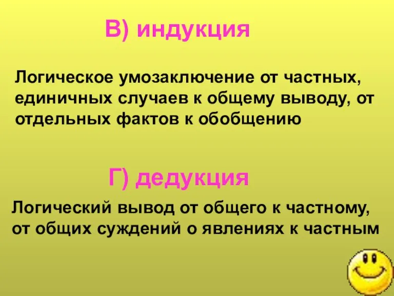 В) индукция Логическое умозаключение от частных, единичных случаев к общему выводу, от