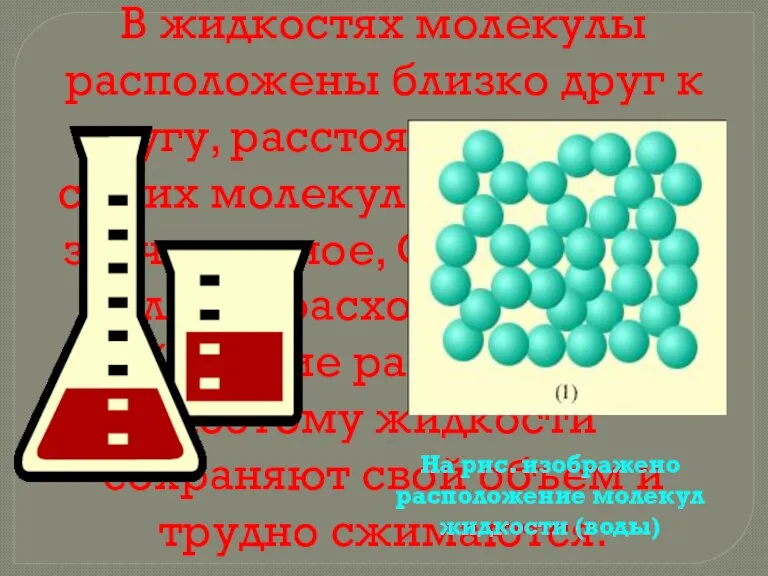 В жидкостях молекулы расположены близко друг к другу, расстояние меньше самих молекул,