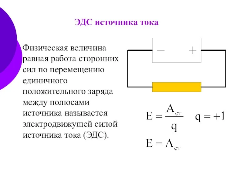 ЭДС источника тока Физическая величина равная работа сторонних сил по перемещению единичного