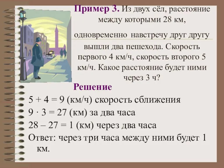 Пример 3. Из двух сёл, расстояние между которыми 28 км, одновременно навстречу