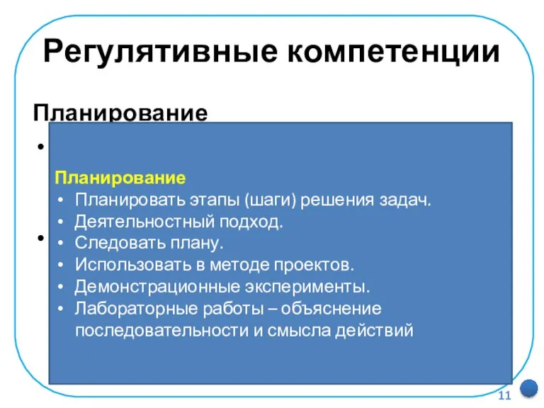 Регулятивные компетенции Планирование определение последовательности промежуточных целей с учетом конечного результата, составление