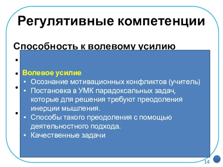 Регулятивные компетенции Способность к волевому усилию Осознание мотивационного конфликта. Волевое преодоление конфликта.